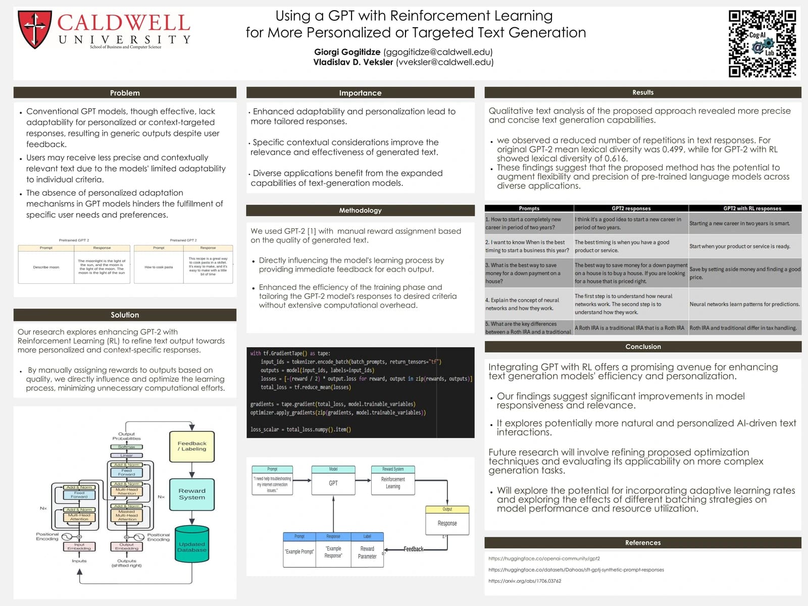 Poster detailing GPT-2 with reinforcement learning for personalized text generation