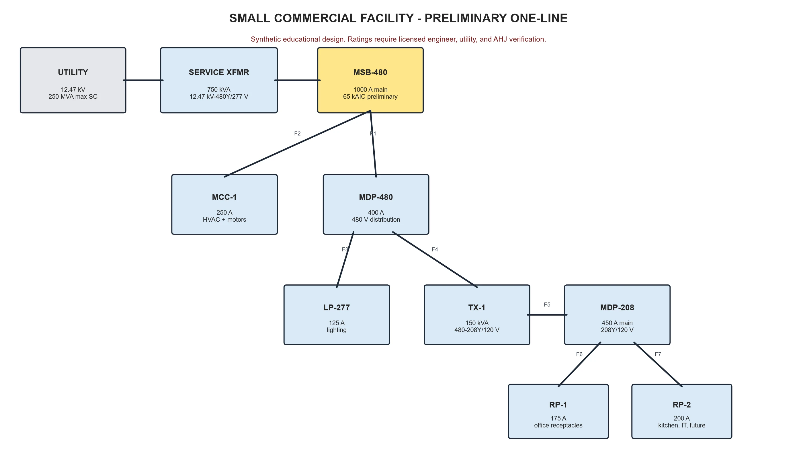 Preliminary one-line from the 12.47 kV utility through 480 V and 208/120 V distribution equipment